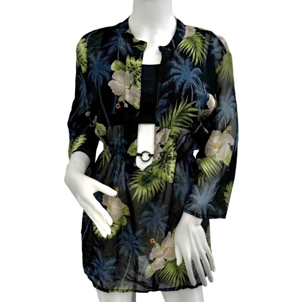 RIMA Beachworld Tropical Hibiscus Sheer‎ Beach Cover Up Black Green Small/Medium